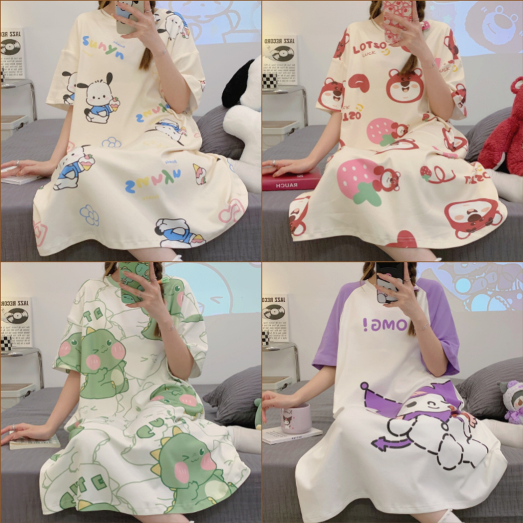 夏季韓國睡衣裙 女生睡裙 純棉短袖卡通睡衣 時尚家居服薄款女士可愛睡衣可外穿可愛網紅睡裙