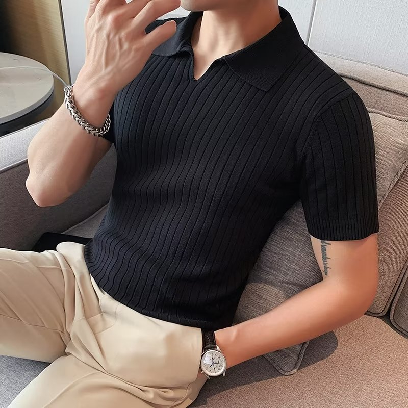 韓版休閒針織Polo衫 緊身條紋翻領T恤  V領素色百搭打底衫 高級設計感半截袖立領體恤