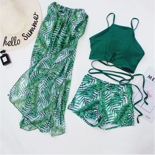 HOT｜現貨 綠色泳裝三件式 分體長裙式泳裝 沙灘泳衣