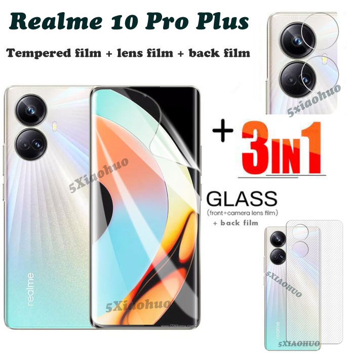 3 合 1 保護水凝膠膜 Realme 10 Pro Plus 5G 全面屏保護膜相機鏡頭+水凝膠膜+背膜非鋼化玻璃