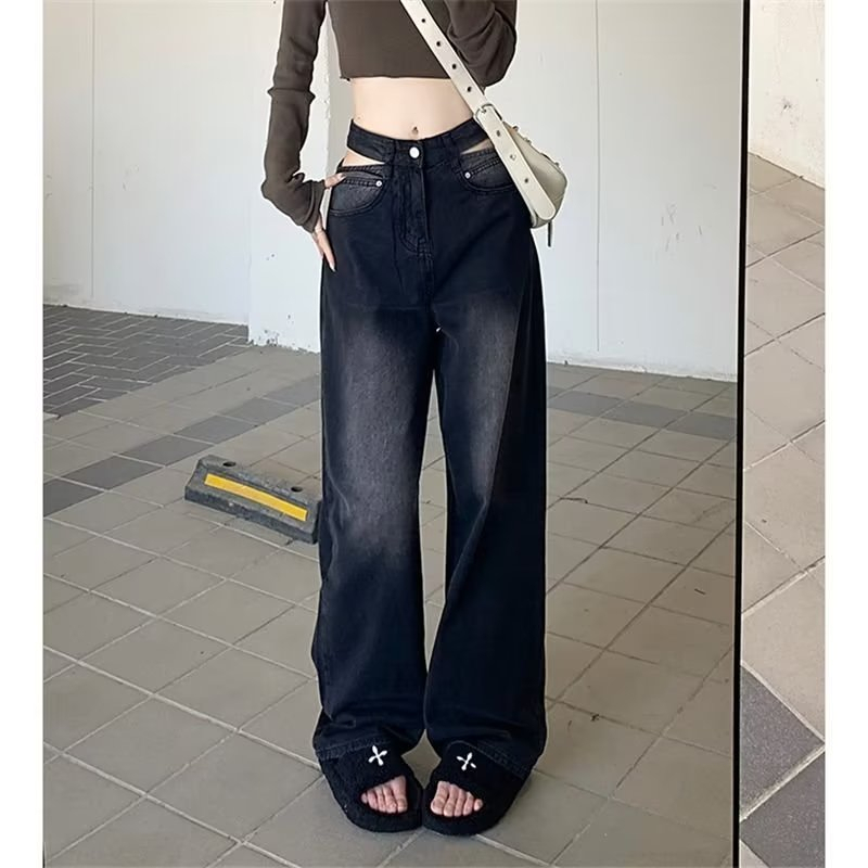 韓版復古黑色高腰直筒牛仔褲女設計感小眾鏤空寬鬆寬褲長褲子