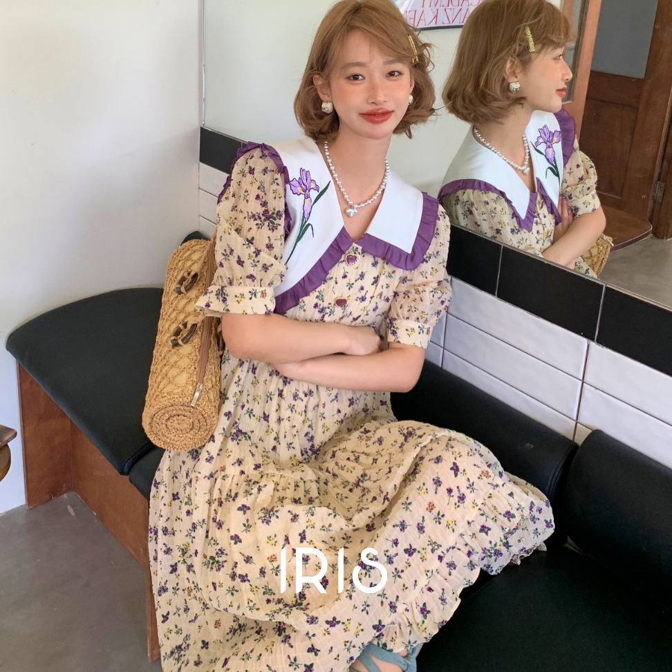 IRIS BOUTIQUE 泰國製造 小眾設計品牌 夏季新款 Lavender 減齡密碼碎花長款洋裝短袖刺繡棉花糖女孩