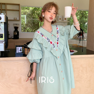 「原創設計」IRIS FASHION 小眾設計品牌 薄荷綠五分袖泡泡袖刺繡洋裝棉花糖女