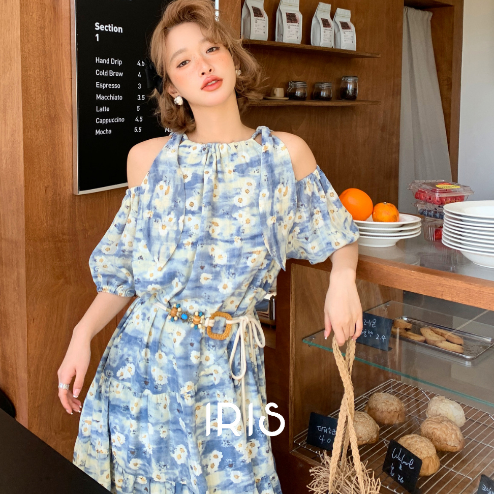 IRIS BOUTIQUE泰國製造 小眾設計品牌 夏季新款 sea ​​salt 短袖藍色碎花洋裝長款棉花糖女裝 附腰帶