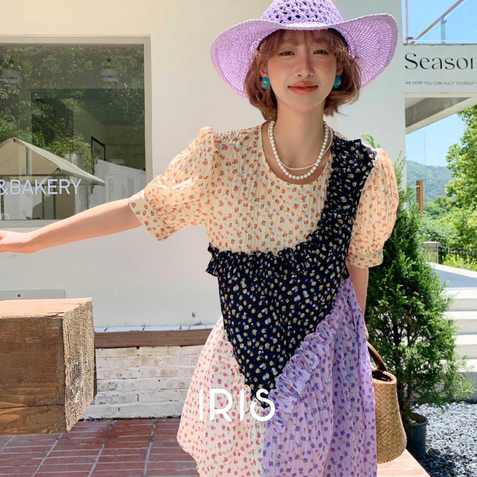 IRIS BOUTIQUE 泰國製造 小眾設計品牌 夏季新款 Taro 紫色碎花短袖洋裝雪紡棉花糖女孩女裝