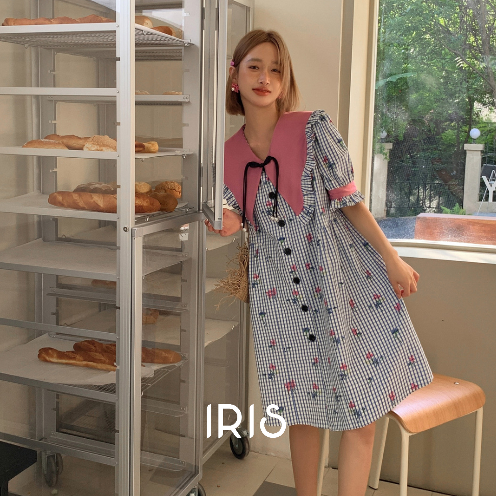 IRIS BOUTIQUE 泰國製造 小眾設計品牌 夏季新款 moon shell 藍粉撞色短袖翻領洋裝 棉花糖女裝