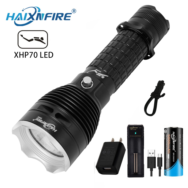 Haixnfire DV60水肺潛水手電筒7000流明潛水手電筒XHP70 LED水下防水手電筒野營燈水抓魚燈