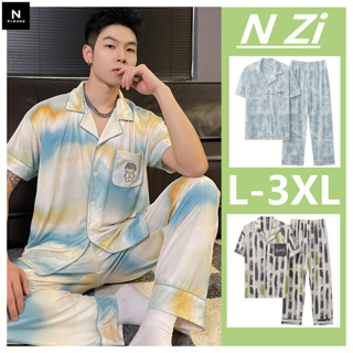 L-3XL 睡衣 男 莫代爾螺紋 短袖長褲 居家服 夏天 韓版 寬鬆大尺碼 開衫 青少年 棉質 可外穿 休閒裝