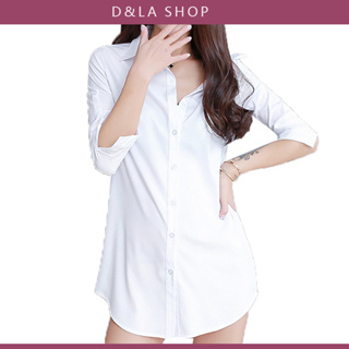 【D&LA SHOP】長袖襯衫 大尺碼素色襯衫 寬鬆上衣 女生白色襯衫