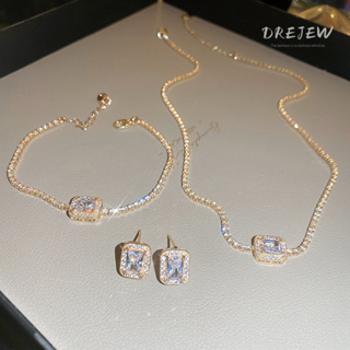 Drejew銀針韓國鋯石耳環手鍊項鍊套裝個性耳環高端設計首飾