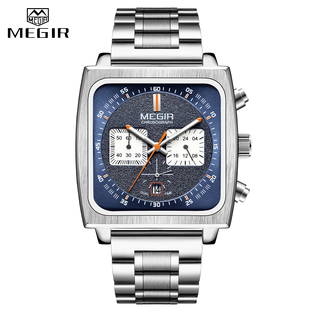 Megir 高品質石英手錶男士時尚方形錶盤不銹鋼錶帶運動手錶商務男士計時碼表日期手錶