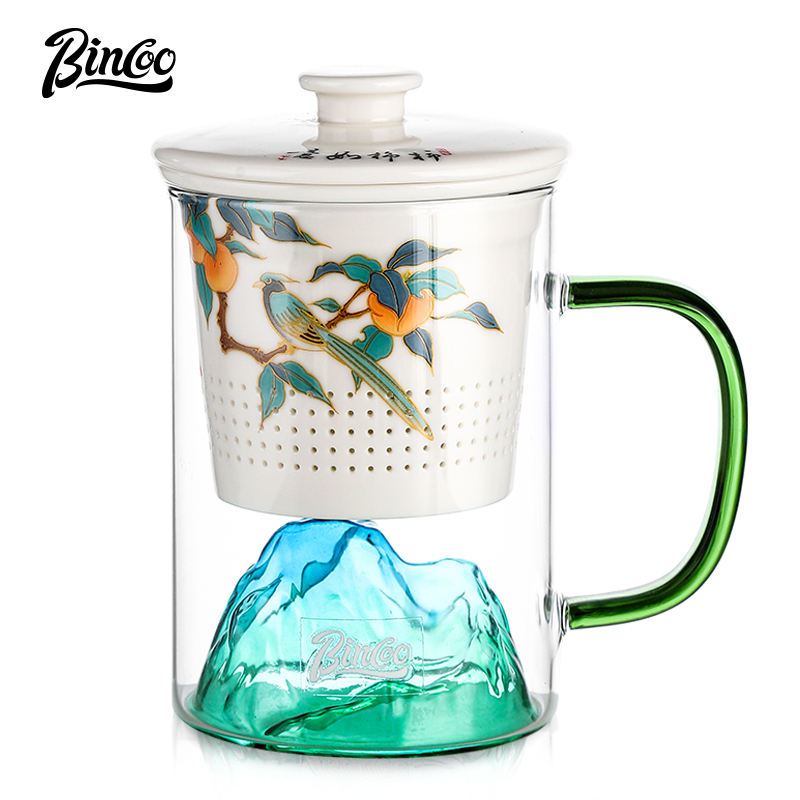 BINCOO 茶杯 玻璃杯泡綠茶 專用男士高檔帶把手水杯 家用花茶水分離杯子 380ML