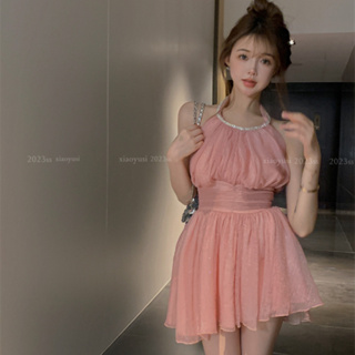 韓版高級性感掛脖洋裝女裝緊身收腰露背蝴蝶結綁帶粉色無袖緊身雪紡洋裝