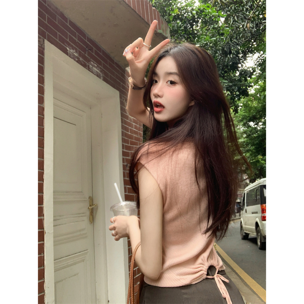 韓版時尚鏤空短袖針織T恤女設計感綁帶緊身短版上衣