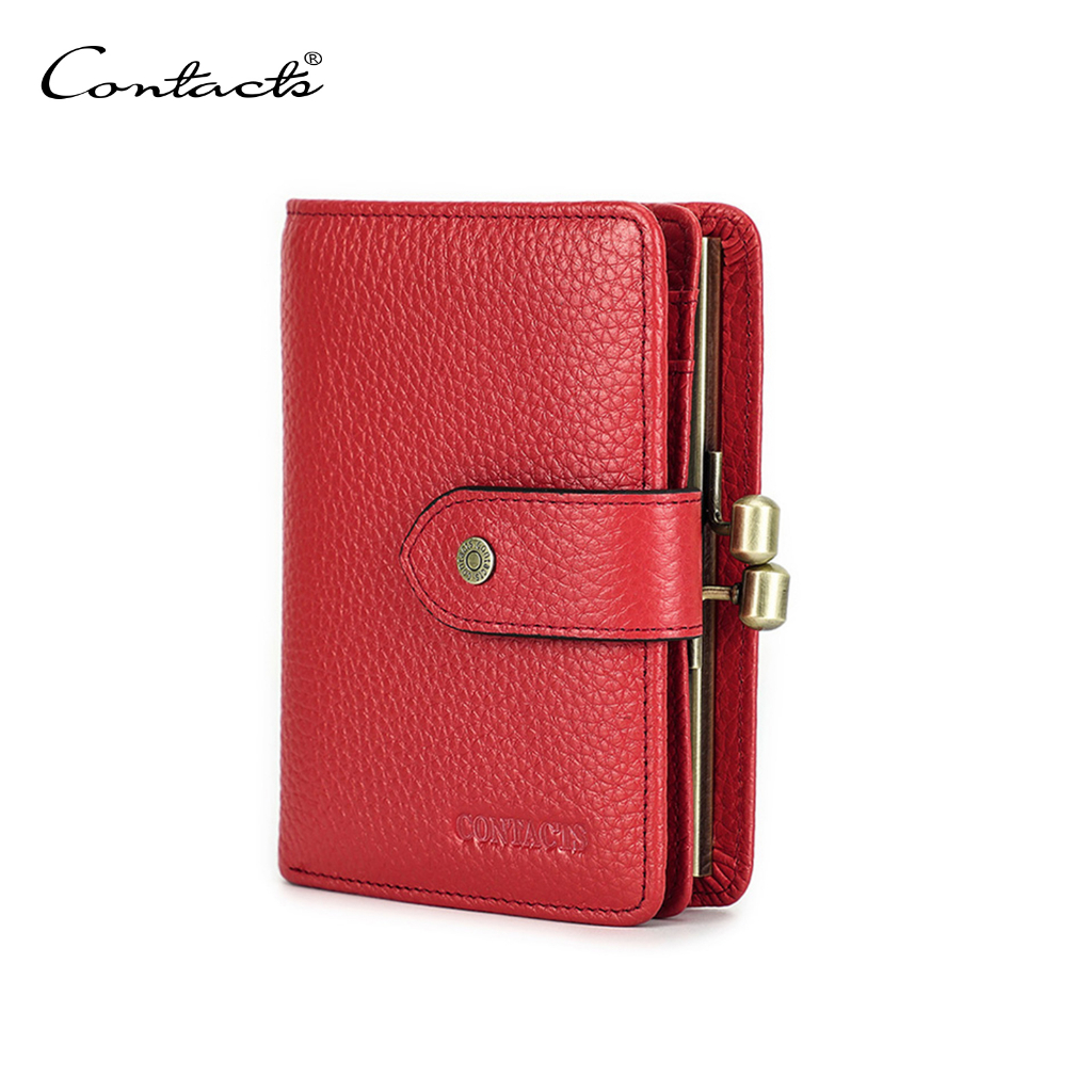 CONTACT'S真皮錢包女士金屬框架短零錢包紅色信用卡夾時尚女式小錢包