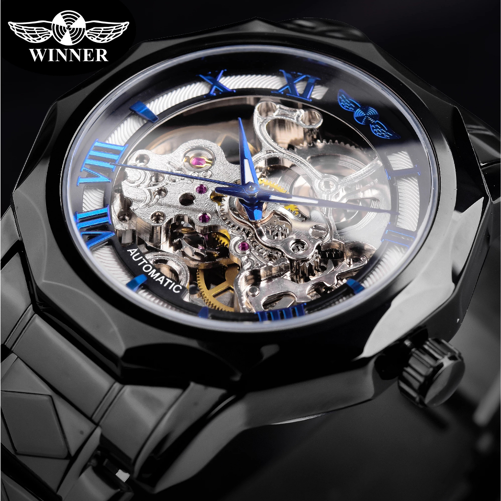 Winner 男士鏤空機械表時尚自動不銹鋼男士手錶帶藍針透明錶殼手錶