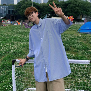 夏季復古港風淺藍條紋襯衫男 直條紋襯衫男 韓版潮流寬鬆休閒時尚襯衫 藍色襯衫M-3XL 長袖襯衫