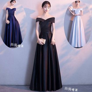 支援訂製 女神一字領長款晚禮服 鋼琴演奏禮服 名媛宴會修身藍色洋裝 春酒尾牙聚會藍色晚禮服 主持人顯瘦長款緞面紗裙 化妝