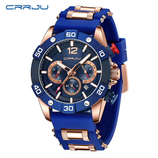 男士手錶頂級原裝 CRRJU 品牌多功能藍色復古風格矽膠錶帶時尚休閒軍事運動石英防水 2292 XL