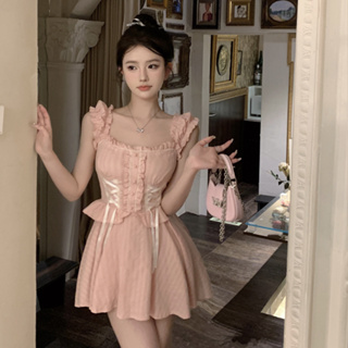 韓版氣質性感粉色洋裝女裝緊身收腰綁帶設計感無袖吊帶A字洋裝