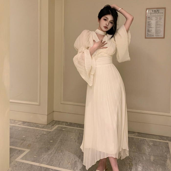 韓版高級性感白色長裙女裝緊身收腰中長款V領長袖雪紡百褶洋裝