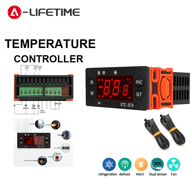 Etc-974智能數字溫度控制器冰箱溫控器調節器數顯製冷除霜空氣校準雙ntc傳感器
