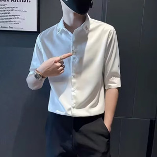 男士短袖襯衫 冰絲痞帥高階感五分袖短袖 夏季薄款緊身五分袖襯衫 素色襯衫