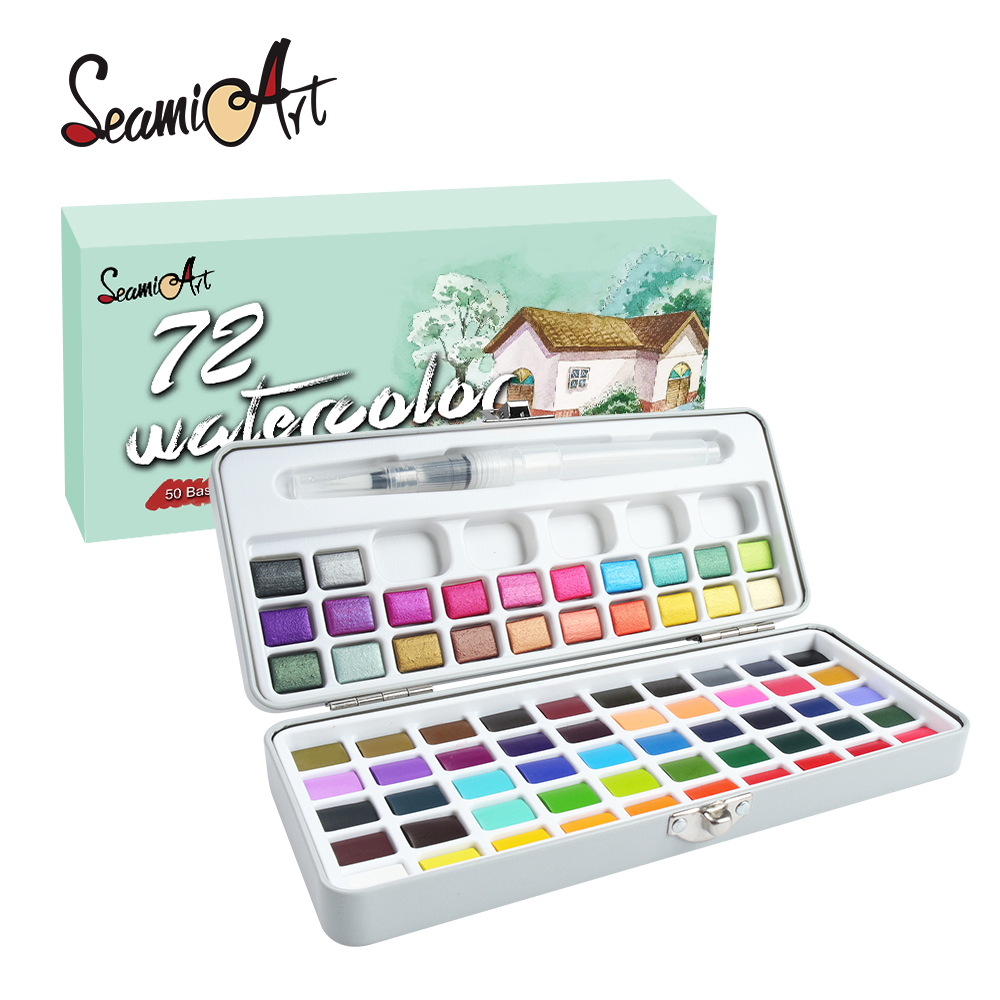 SeamiArt 72色固體水彩套裝【西米藝術】常規色+珠光色+1隻水筆 便攜 塊狀水彩 水彩禮盒 寫生 繪畫