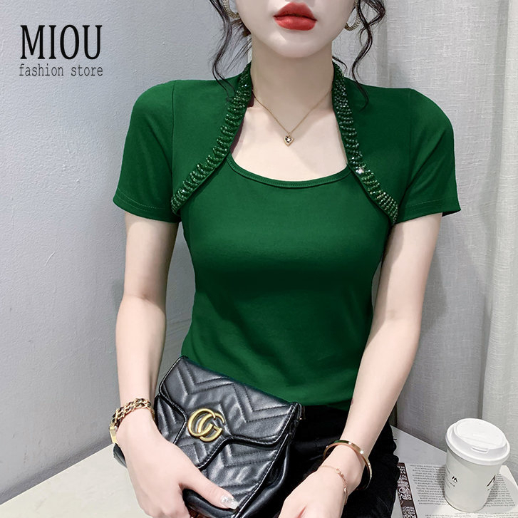 Miou 夏季純棉女款短袖T恤2023新款氣質修身拼接珍珠韓版溫柔修身時尚綠色上衣女裝