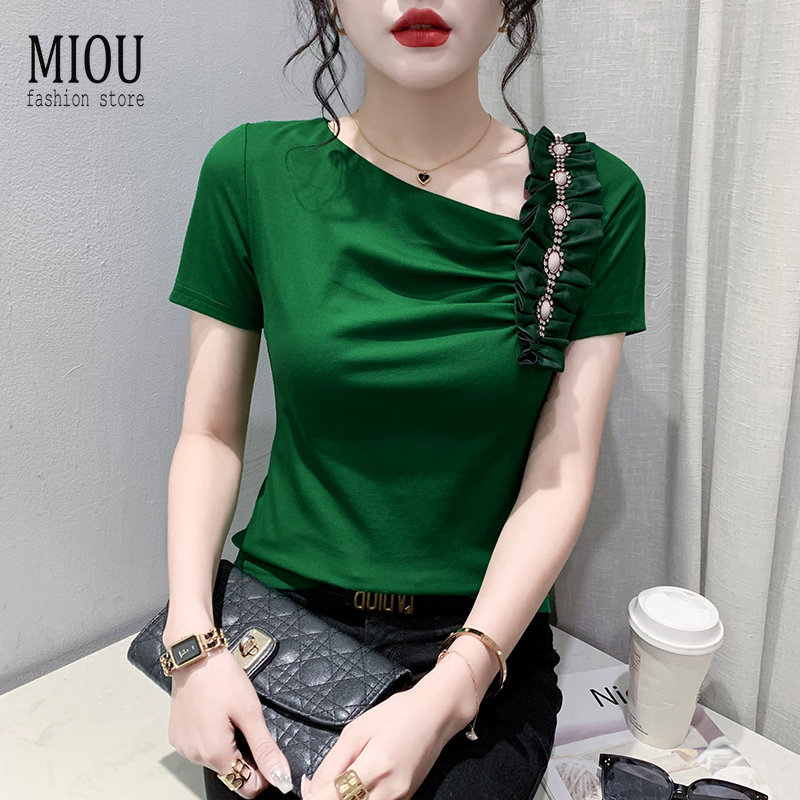 Miou韓版短袖t恤女夏季重工鑽石上衣2023新款設計感氣質小襯衫綠色荷葉邊上衣
