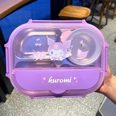 Kuromi cinnamoroll 304不銹鋼四格飯盒兒童大耳狗便當盒湯勺筷子卡通保溫餐盒twins purin h