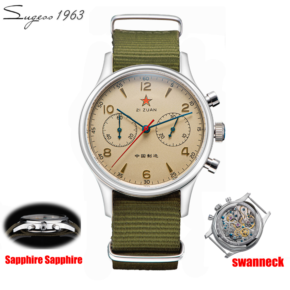 1963 年飛行員手錶海鷗 1963 年帶天鵝頸 40 毫米 38 毫米男士計時碼表鏤空 ST1901 機芯空軍機械表藍
