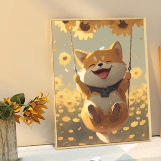 MOZI ✨可愛柴犬貓咪數字油畫diy填充塗色手工繪向日葵狗狗丙烯畫油彩畫裝飾掛畫家居裝飾