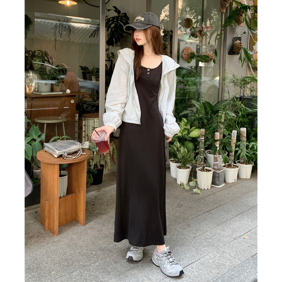 韓國時尚無袖背心洋裝女氣質緊身長裙+連帽長袖防晒衫薄款寬鬆外套兩件套