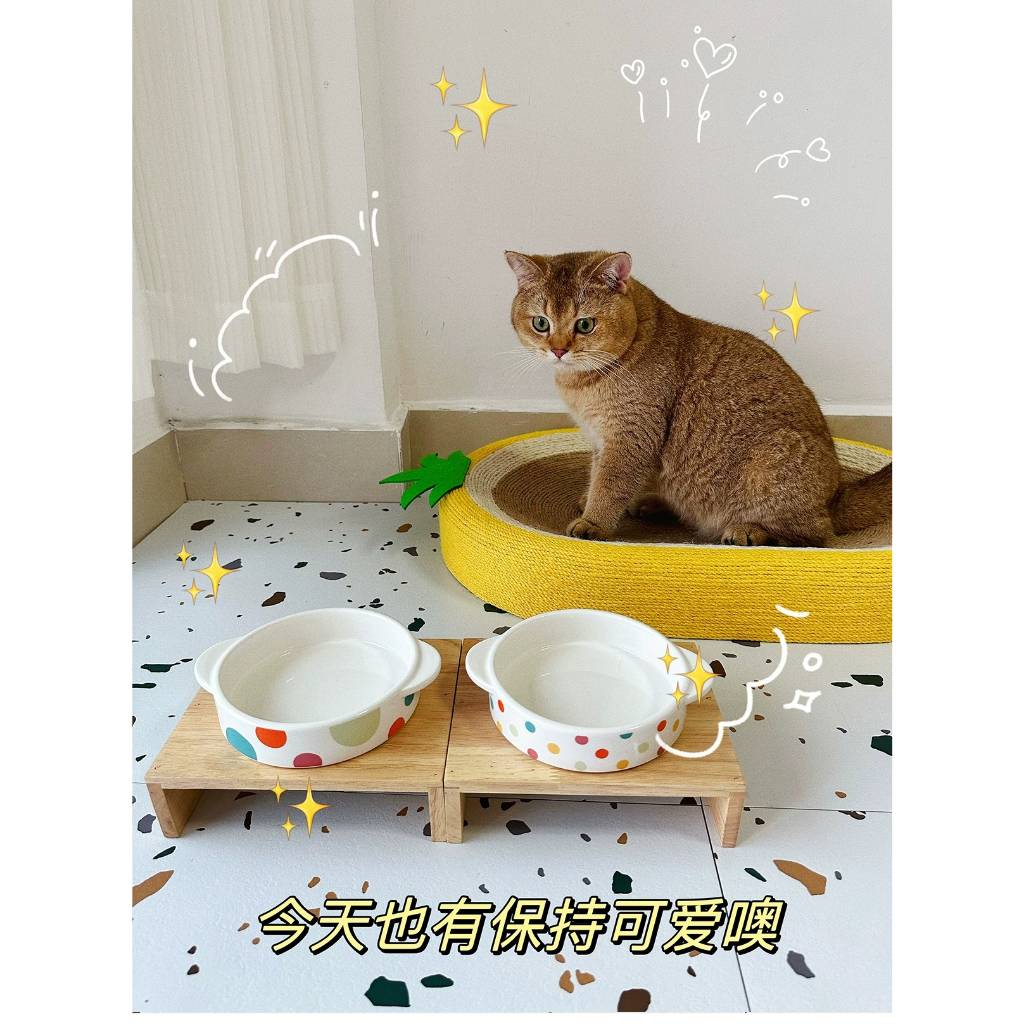 韓國BD酷彩貓碗狗碗木架子陶瓷碗寵物實木碗架餐桌小飯桌護頸貓碗陶瓷工藝光滑釉面容易清洗安全無毒