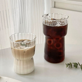 收腰玻璃杯 咖啡杯牛奶杯 復古咖啡廳冷萃拿鐵杯 豎紋收腰玻璃水杯 家用咖啡杯早餐牛奶杯