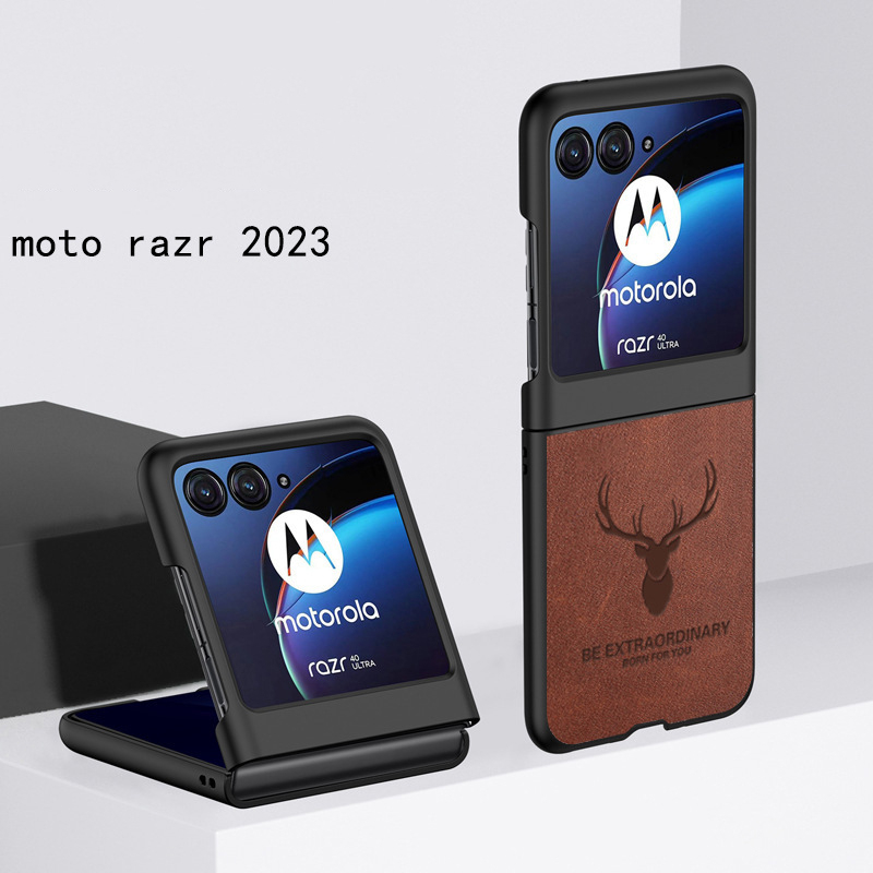 MOTOROLA Moto Razr 40 Ultra 保護殼適用於摩托羅拉 Razr 40 超復古壓紋鹿頭皮革硬質手機