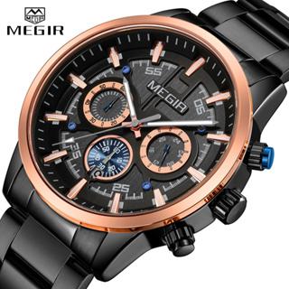 男士手錶 MEGIR 嘻哈風格不銹鋼商務石英腕錶男豪華防水計時碼表自動日期