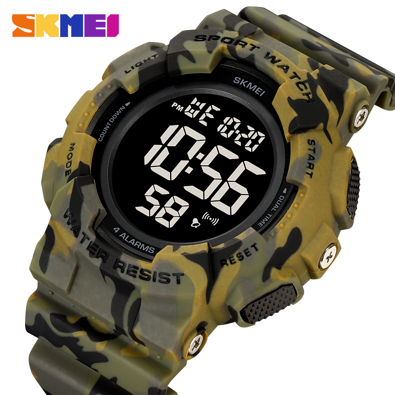Skmei 大容量 4 鬧鐘戶外運動手錶帶節拍器簡約風格 2 時間 LED 顯示男士數字手錶
