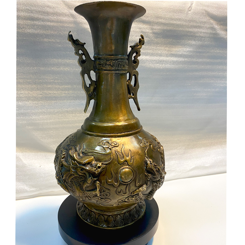 中式仿古純銅花瓶收藏擺件黃銅古董收藏品辦公室桌面裝飾擺件雙龍戲珠雕刻雕像