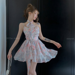 韓版吊帶洋裝女裝緊身收腰設計感亮片碎花無袖A字雪紡洋裝