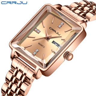 Crrju 全新女士手錶原裝正品品牌不銹鋼方形豪華錶盤日曆玫瑰色時尚休閒商務運動石英防水 5012 X