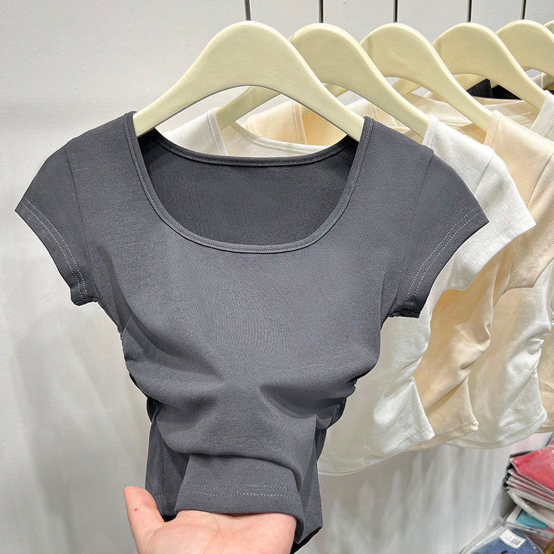 韓國東大門方領短袖t恤女夏季兩側褶皺簡約短版純棉上衣