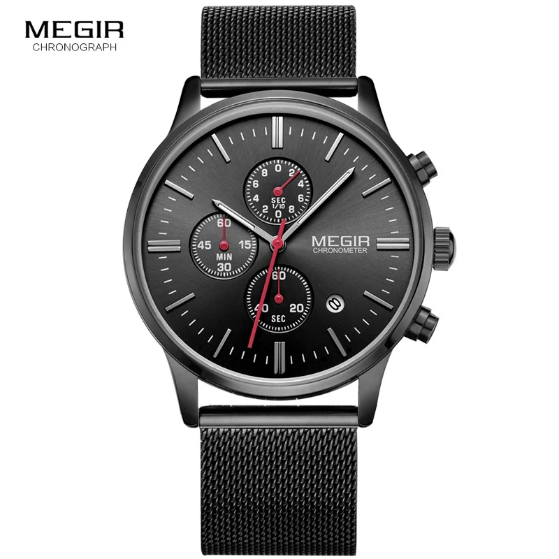 Megir 男士商務黑色石英手錶豪華超薄網帶計時碼表學生手錶防水日期男時鐘
