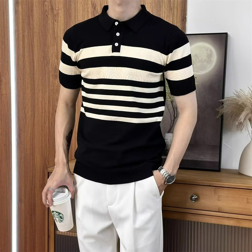 夏季男士冰絲緊身短袖POLO衫 青年韓版時尚條紋撞色翻領針織上衣