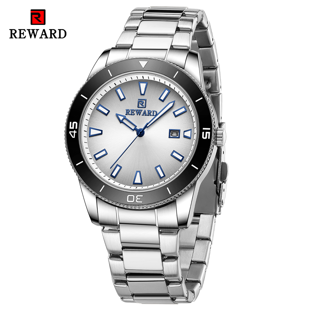 Reward 經典圓形運動手錶男士豪華商務不銹鋼石英手錶時尚漸變太陽光錶盤時鐘男