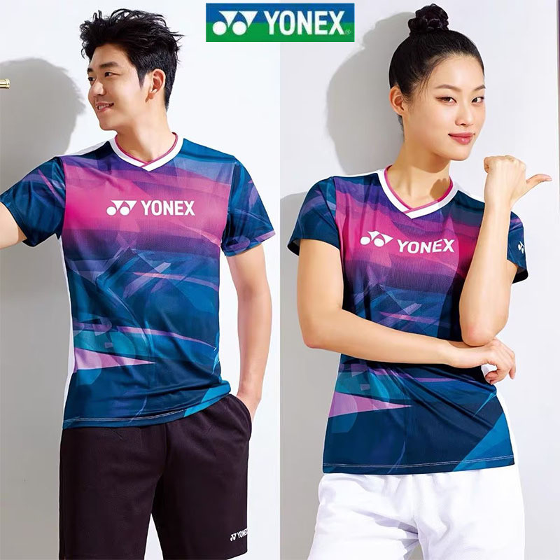 Yonex羽毛球服男女幾何圖案速乾透氣短袖球衣