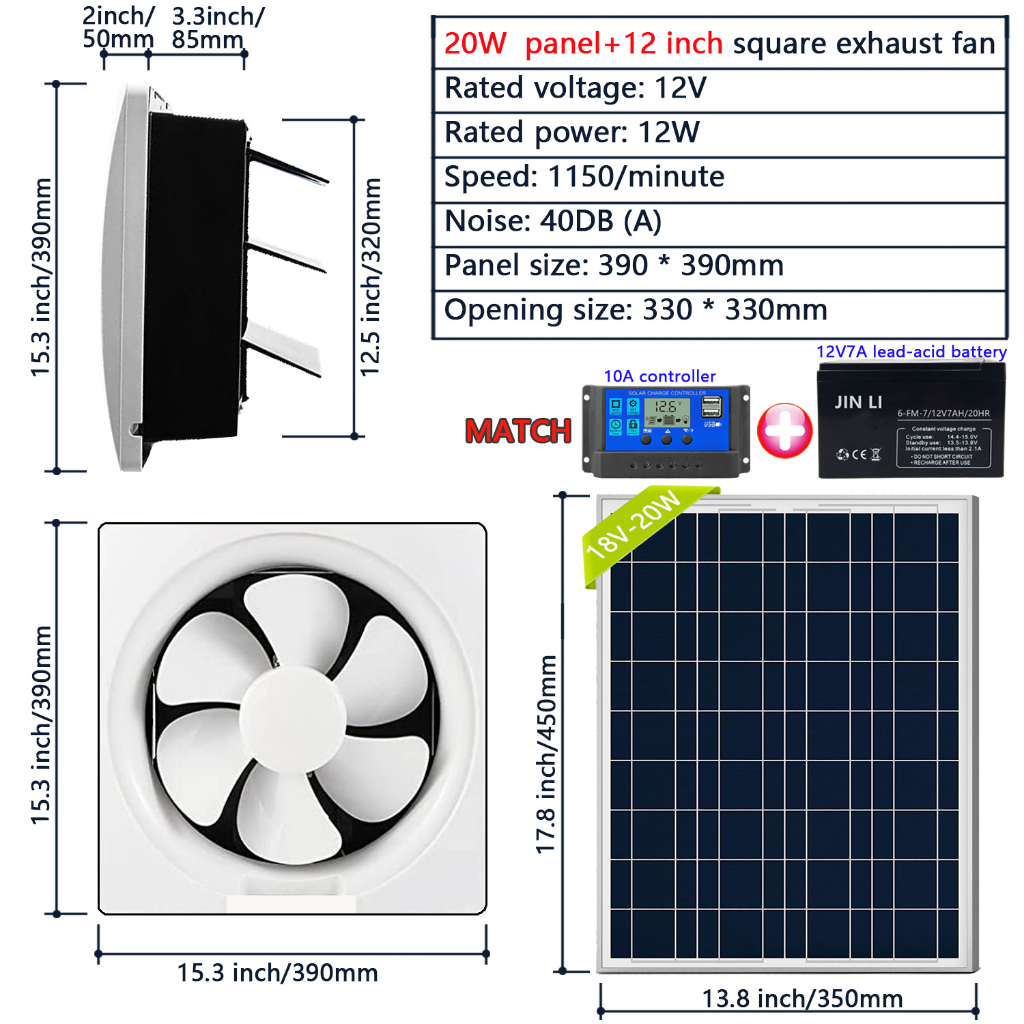 冷潔太陽能風扇,配備電池版,17w/20w防水太陽能板+6/8/10/12寸百葉窗排氣直流風扇,壁掛通風降溫通風孔,套裝