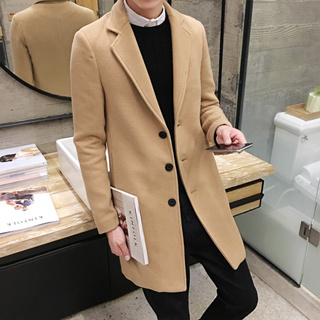 男士冬季新款韓版修身羊毛西裝外套中長款風衣西裝外套