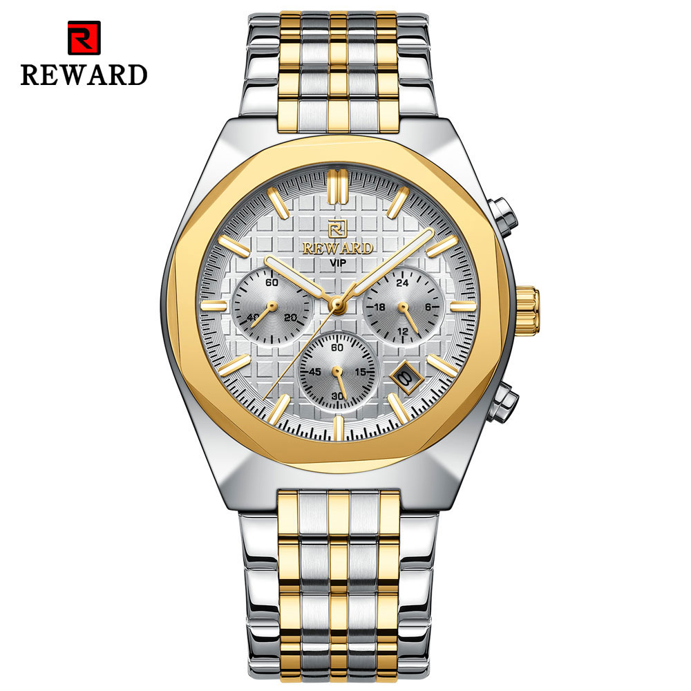Reward 品牌石英手錶男士豪華防水夜光計時腕錶全鋼帶日期男士夜光手錶